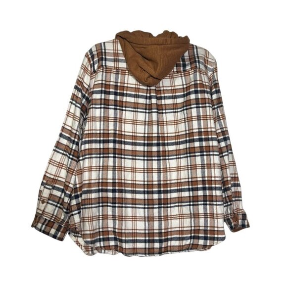 American Eagle Hooded Flannel Plaid Brown Cream Navy Fall Size XL Cozy Boyfriend - Picture 2 of 10